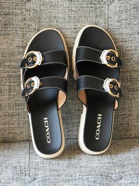 Coach Black Leather Slide Sandals White Trim Gold Hardware